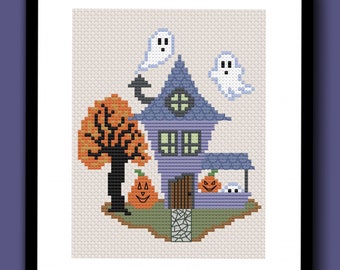 Cute Spooky Haunted House Counted Cross Stitch Pattern PDF, Ghost Pumpkin Cross Stitch, Halloween Cross Stitch, Horror Gothic Cross Stitch