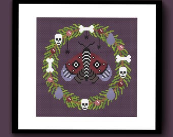 Spooky Spring Moth Wreath Counted Cross Stitch Pattern PDF, Spooky Moth Cross Stitch, Gothic Cross Stitch, Spring Cross Stitch
