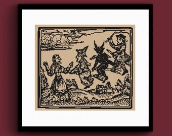Witches On Broomsticks Woodcut Cross Stitch Pattern, Witch Cross Stitch, Spooky Cross Stitch, Satanic Cross Stitch, Devil Cross Stitch
