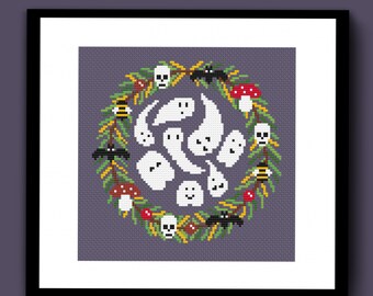 Spooky Summer Ghost Wreath Counted Cross Stitch Pattern PDF, Spooky Ghost Cross Stitch, Gothic Cross Stitch, Summer Cross Stitch