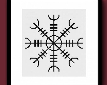 Puede incluir: Impresión enmarcada en negro con un símbolo Vegvísir negro sobre un fondo blanco. El Vegvísir, un símbolo de protección y guía, es un diseño nórdico en forma de brújula. La obra de arte se muestra en un marco negro sobre un fondo rojo oscuro.