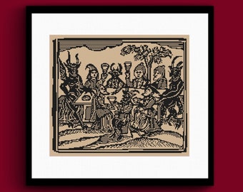 Witches Feasting (1720) Woodcut Cross Stitch Pattern, Witch Cross Stitch, Spooky Cross Stitch, Satanic Cross Stitch, Devil Cross Stitch