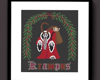 Cute Krampus Christmas Counted Cross Stitch Pattern PDF, Spooky Cross Stitch, Gothic Cross Stitch, Gothic Spooky Decor, Gothic Christmas