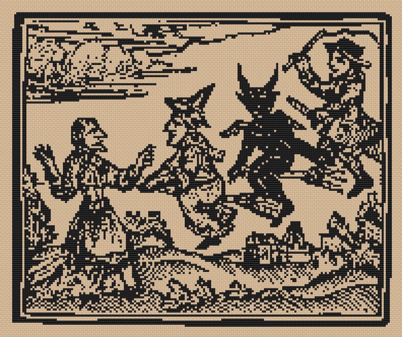 Witches on Broomsticks Woodcut Cross Stitch Pattern, Witch Cross Stitch