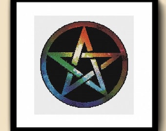 Rainbow Pentacle Counted Cross Stitch Pattern PDF, Pentagram Cross Stitch, Occult Wiccan Witchcraft Cross Stitch, Pagan Cross Stitch
