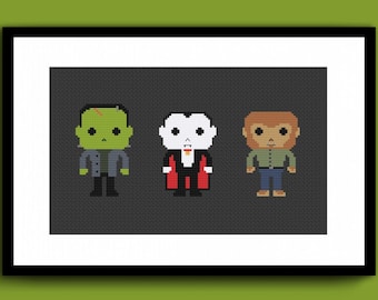 Cute Classic Monsters Counted Cross Stitch Pattern PDF, Frankenstein's Monster, Dracula, Werewolf Cross Stitch, Spooky Horror Cross Stitch