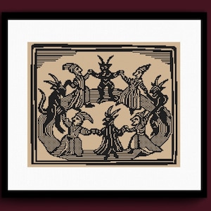 May include: Black and tan framed print of a circle of figures with horns and cloaks, dancing in a ring. The figures are holding hands, and the artwork has a vintage, pixelated style. The background is tan.