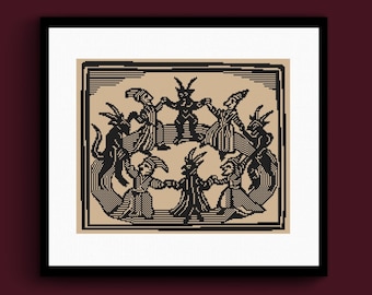 Witches Dancing With Devils (1720) Woodcut Cross Stitch Pattern, Witch Cross Stitch, Spooky Cross Stitch, Satanic Devil Cross Stitch