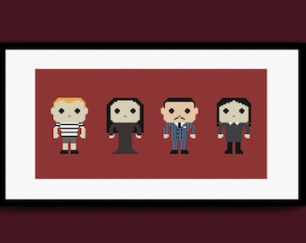 Cute Addams Family Counted Cross Stitch Pattern PDF, Wednesday, Morticia, Gomez, Pugsley Cross Stitch, Spooky Gothic Horror Cross Stitch