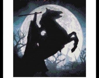 May include: A cross-stitch pattern featuring a black silhouette of a rider on a rearing horse against a large, pale full moon. The scene includes dark, bare tree branches in the foreground and a deep blue night sky, all framed in a white border.