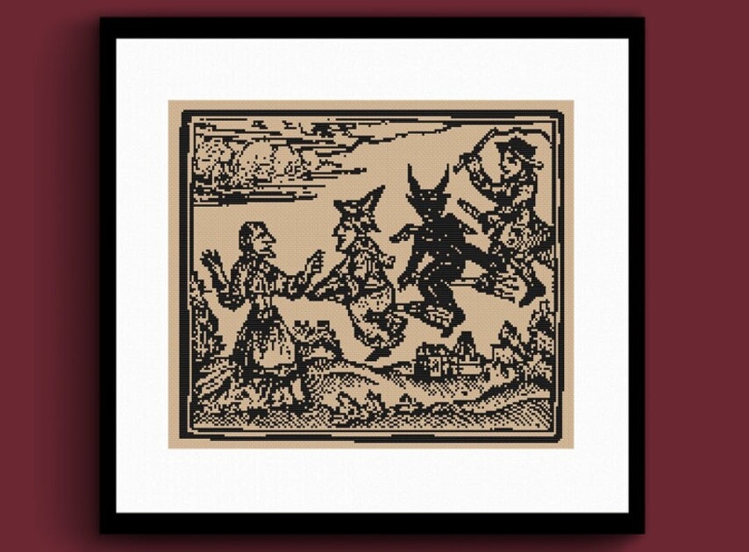 Witches on Broomsticks Woodcut Cross Stitch Pattern, Witch Cross Stitch