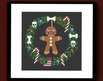 Evil Gingerbread Hanging Christmas Wreath Counted Cross Stitch Pattern PDF, Spooky Cross Stitch, Gothic Cross Stitch, Christmas Cross Stitch