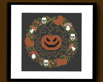 Pumpkin Hanging Halloween Wreath Counted Cross Stitch Pattern PDF, Spooky Cross Stitch, Gothic Cross Stitch, Halloween Cross Stitch