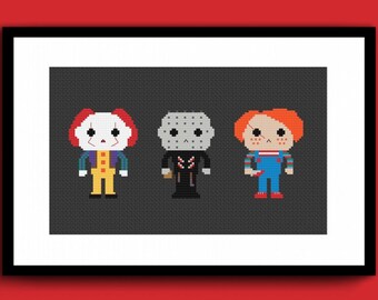 Cute Villains 2 Counted Cross Stitch Pattern PDF, Clown Monster Cross Stitch, Spooky Cross Stitch, Horror Cross Stitch