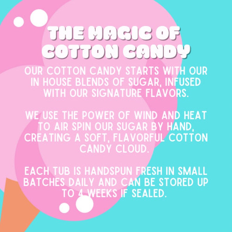 May include: A promotional graphic for cotton candy, with the text: "THE MAGIC OF COTTON CANDY." The text describes the process: in-house sugar blends, signature flavours, air-spun by hand, creating a soft, flavourful cotton candy cloud. Each tub is handspun fresh.