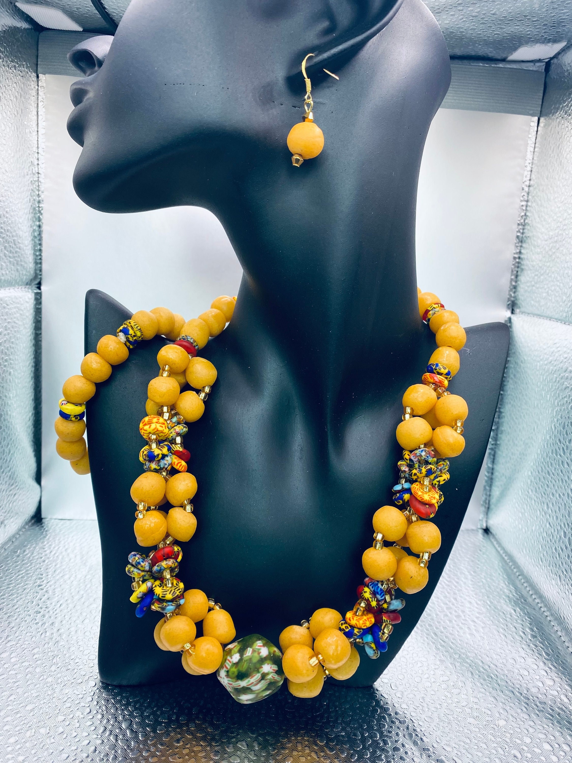 Yellow African Beaded Necklace With Earrings and Bracelet Etsy