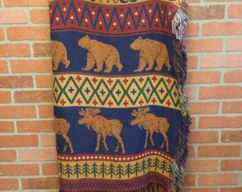 Vintage the Rug Barn American Classics Throw Blanket Fringed Bear & Moose Print