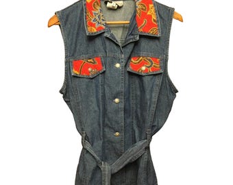 Vintage Stonebridge Denim Button Front Western Top Size 10 Floral Belted Shirt