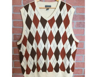 Vintage Saddlebred Sleeveless Argyle Sweater Vest Mens Size XL Beige Brown Grandpa