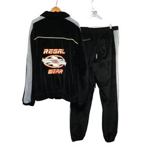 VTG Regal Wear Mens Black Velour Tracksuit Set Size XL Heavyweight Lined Hip Hop Streetwear Baggy Joggers and Jacket Tracksuit