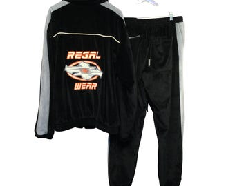 Vintage Black Velour Tracksuit Set XL: Lined Hip Hop Streetwear