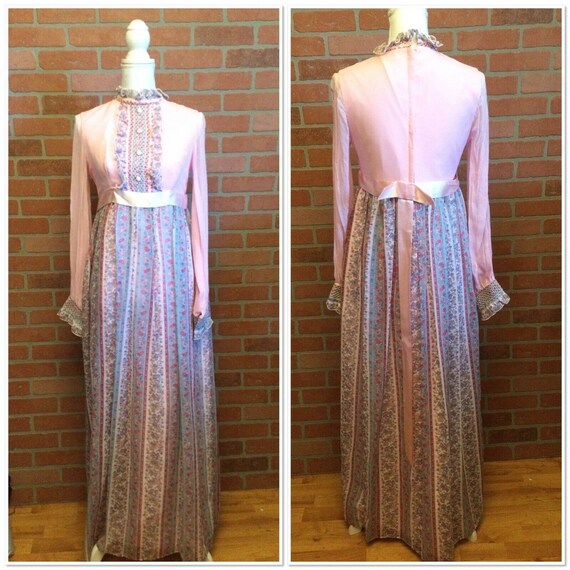 Vintage 60s pink Dress Edwardian frilly high neck… - image 1