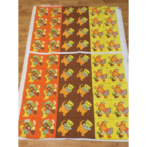 Vintage Fabric Child’s Country Farmhouse Print Panels Cat Kitten Chickens Patchwork