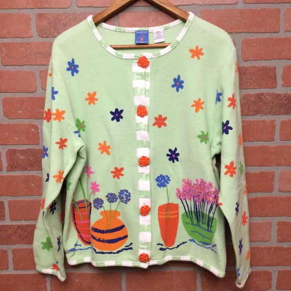 Vintage Onque Casuals Cardigan Sweater Colorful w… - image 1