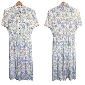 Vintage Leslie Fay Floral Button Front Midi Dress Yellow Elastic Waist Size 18