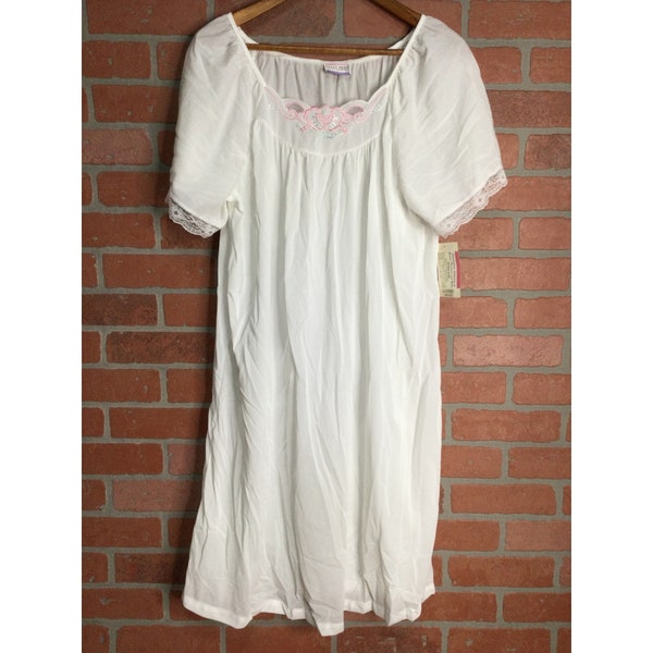 Vintage Kelly Reed Night Gown Embroidered Neckline Lace Trim Sleeve White Large