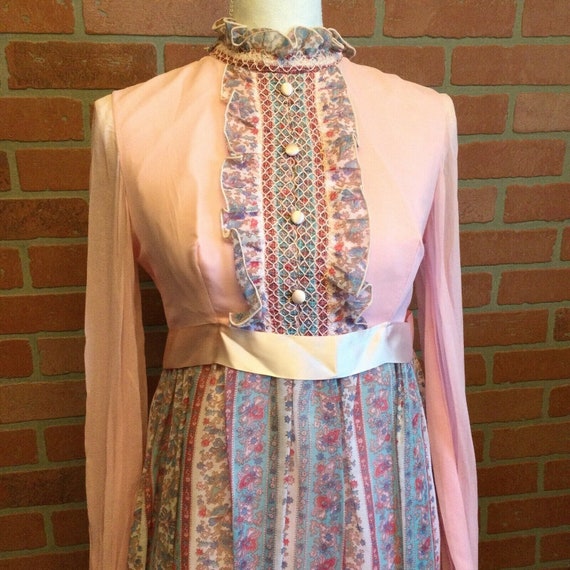 Vintage 60s pink Dress Edwardian frilly high neck… - image 2