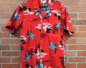 Vintage Paradise Found Hawaiian Shirt Tropical Palm Tree Floral Print Mens Size M