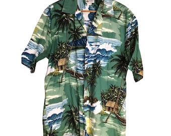 Vintage Mens Hawaiian Shirt Green Scenic Button Front Aloha Republic XL