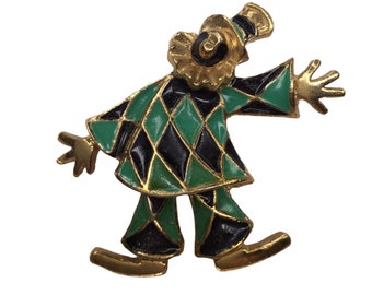 Vintage Gold Tone Enamel Clown Brooch green Diamond top hat Jester