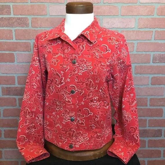 Vintage 90s L L Bean Bandana Print Denim Jacket Size Small Western Red Paisley