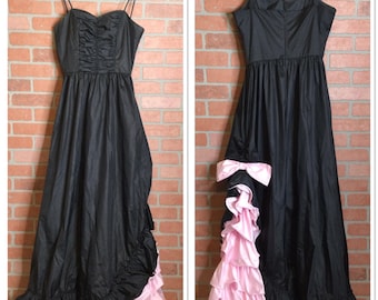 Vintage JC Penny Prom Dress Black Pink Ruffle Bow Floor Length Gown