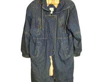 Vintage Long Denim Barn Coat Aztec Print Flannel Blanket Lining Grunge Size M
