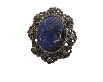 Vintage Antique Silver Tone Metal Blue Lady Cameo Brooch