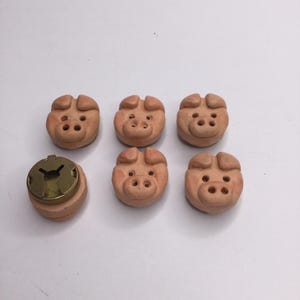 May include: A collection of six light brown pig-shaped buttons and one button with a brass-colored metal top. The pig buttons have two eye holes and a snout with two nostril holes. The buttons are made of a clay-like material.