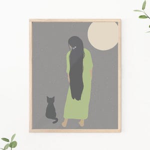 Girl Moon and Cat 8.5x11 - Original Drawing Digital Download Art Print 8.5x11&quot;