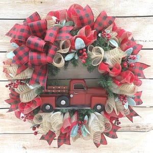 Farmhouse Christmas wreath, red truck wreath, Christmas wreath, buffalo plaid wreath, deco mesh Christmas wreath,