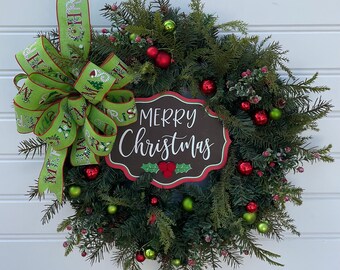 Farmhouse Christmas Wreath, Greenery, Red Berries, Door Decor