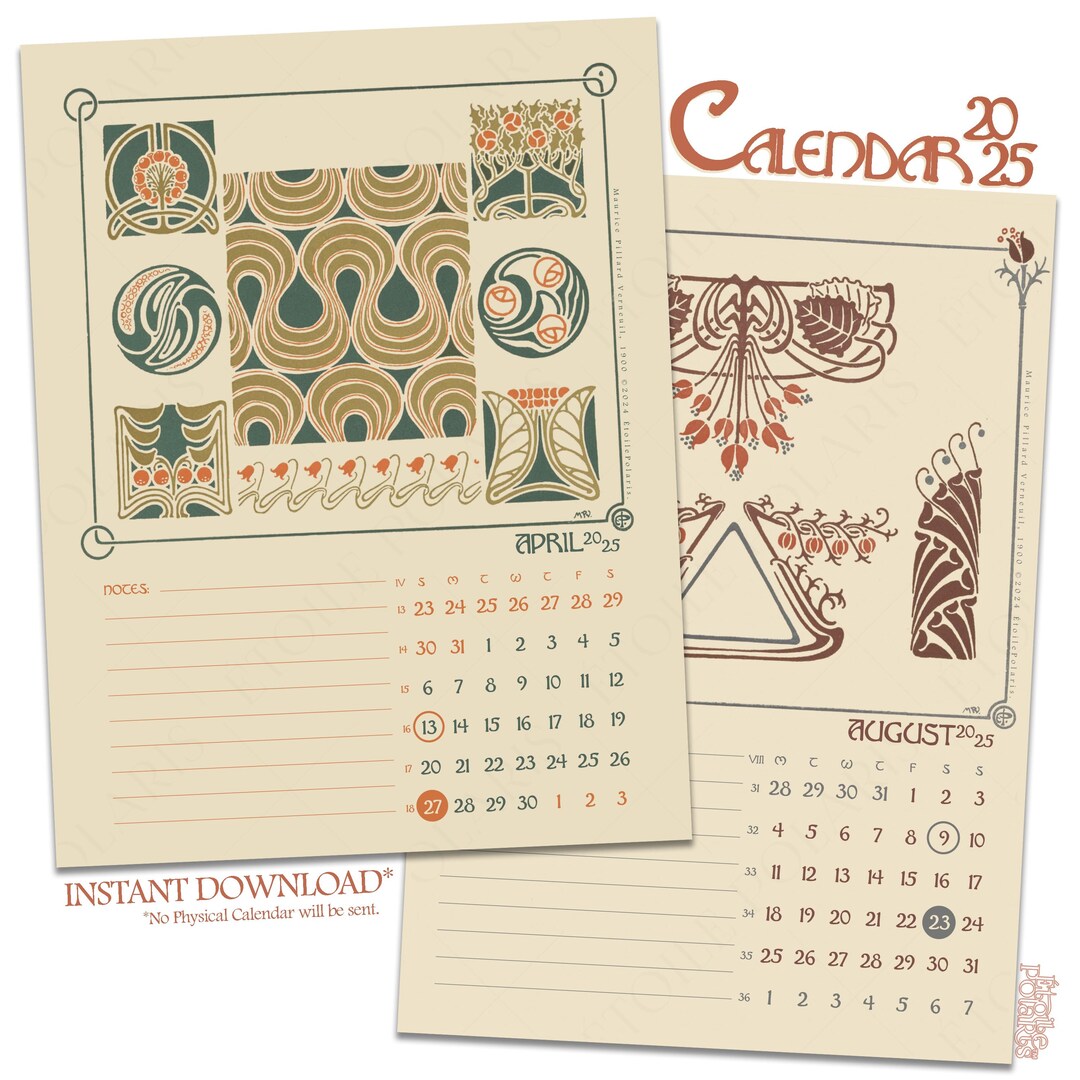 Printable Art Nouveau Calendar 2025 / Floral Art Illustrations by