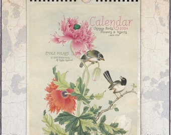 Calendario de arte chino 2024 / Calendario de pared mensual "Dibujos antiguos de la naturaleza: flores, pájaros e insectos"