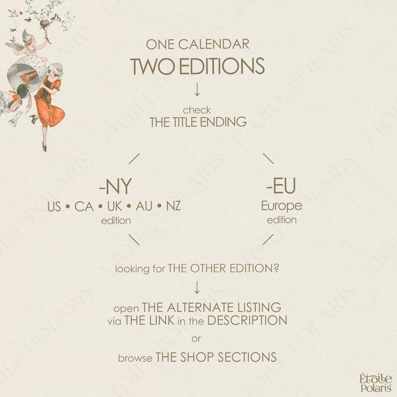 Op de afbeelding: Een informatieve afbeelding voor een kalender met twee edities. De tekst luidt: ONE CALENDAR TWO EDITIONS, check THE TITLE ENDING, -NY US CA UK AU NZ edition, -EU Europe edition, looking for THE OTHER EDITION, open THE ALTERNATE LISTING via THE LINK in the DESCRIPTION of browse THE SHOP SECTIONS. Bevat een kleine illustratie van een persoon in een oranje jurk.