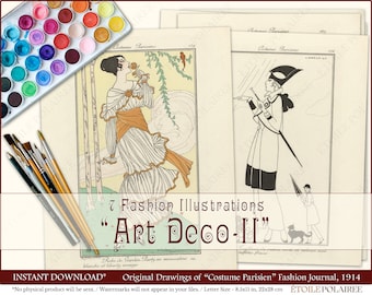 Op de afbeelding: Zeven zwart-wit mode-illustraties uit het modetijdschrift "Costume Parisien" uit 1914. De illustraties zijn in Art Deco-stijl en tonen vrouwen in stijlvolle kleding en accessoires. De tekst "Art Deco-II" is geschreven in een decoratief lettertype.