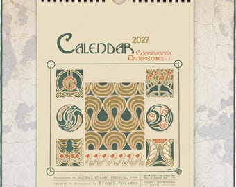 May include: A 2027 wall calendar featuring the text Calendar 2027 Combinaisons Ornementales - 1. The cover displays various geometric and floral patterns in shades of green, gold, and orange on a cream background, bound by a black wire spiral.