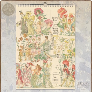 Könnte beinhalten: Ein spiralgebundener Wandkalender mit dem Titel Flora's Feast A Masque of Flowers von Walter Crane 1889. Der Kalender zeigt komplexe, mehrfarbige Illustrationen von Figuren in blumiger Kleidung sowie den Text Calendar 2027 und Etoile Polaris.