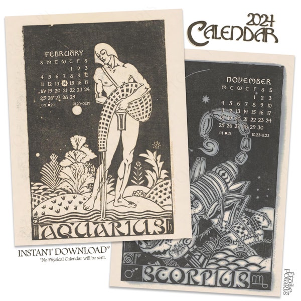 Printable Wall Calendar 2024 - Zodiac Signs "Antique Woodcut Art Deco Illustrations by Henri van der Stock, 1920s"