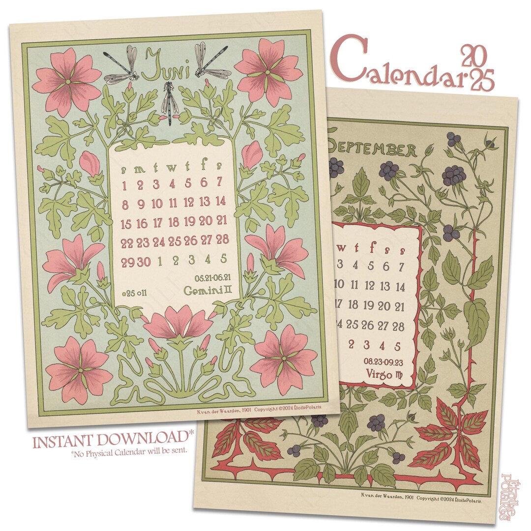 Printable Botanical Calendar 2025 art Nouveau Floral Illustrations by ...